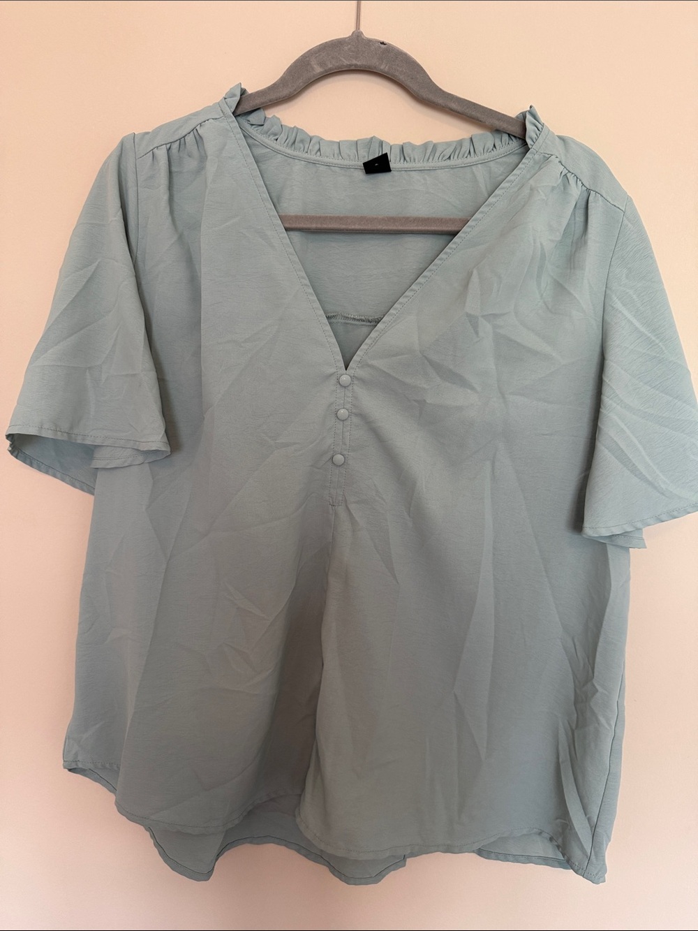 SHEIN Light Sage Green Short Sleeve V-Neck Button Blouse